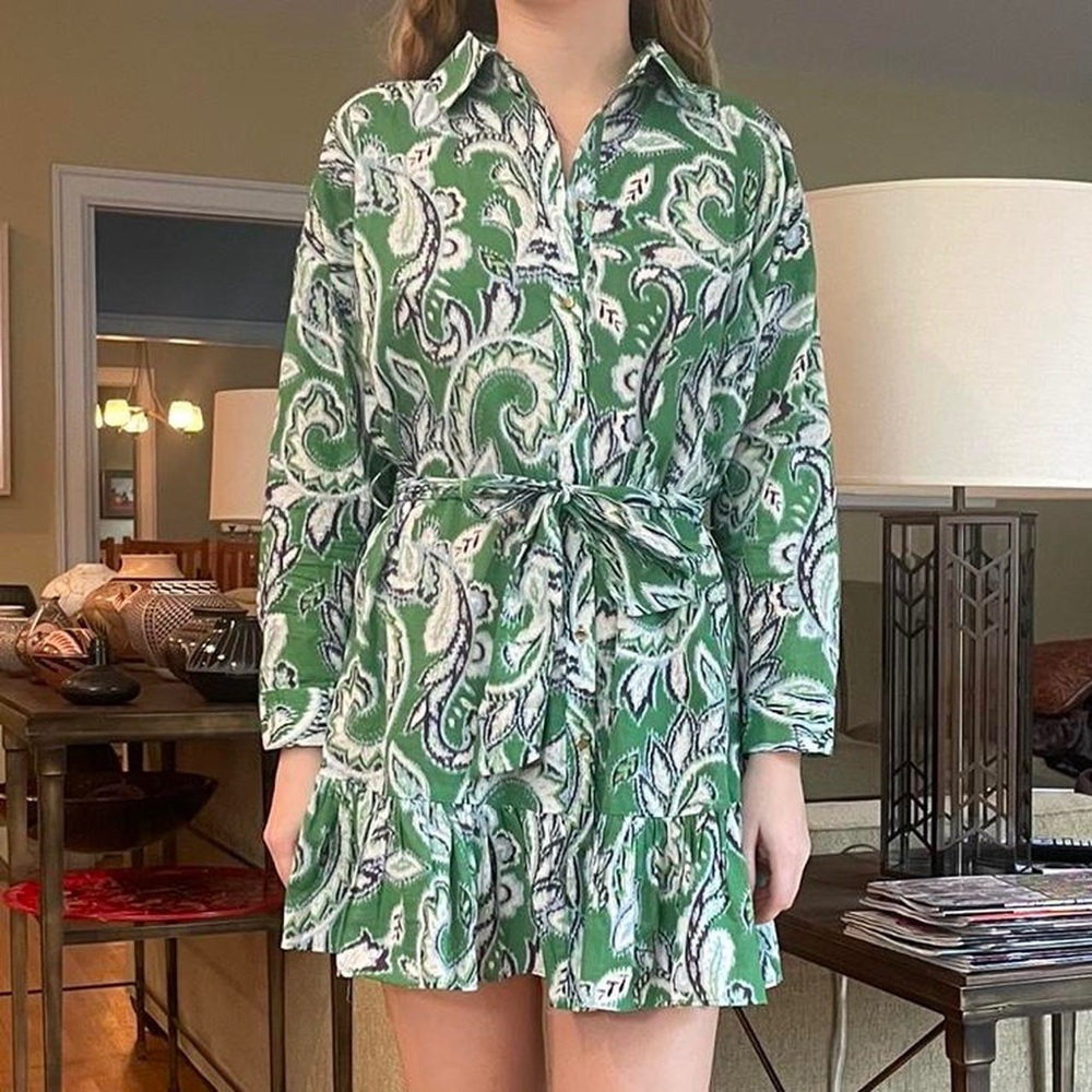 Zara Green and White Ruffled Mini Dress with Tie Front
